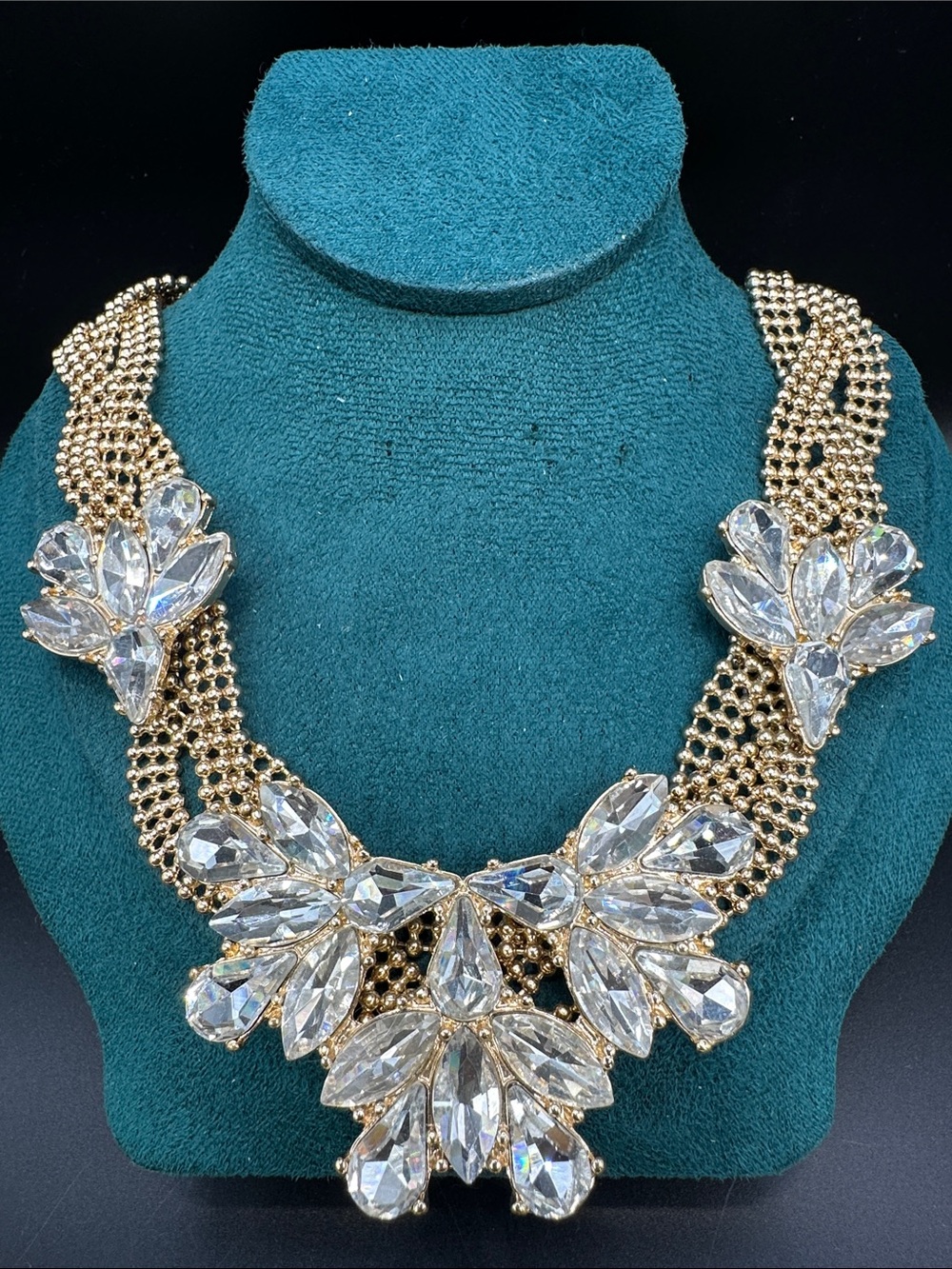 Natasha Couture Gold Tone Crystal Statement Bib Necklace Glam Braided Chains